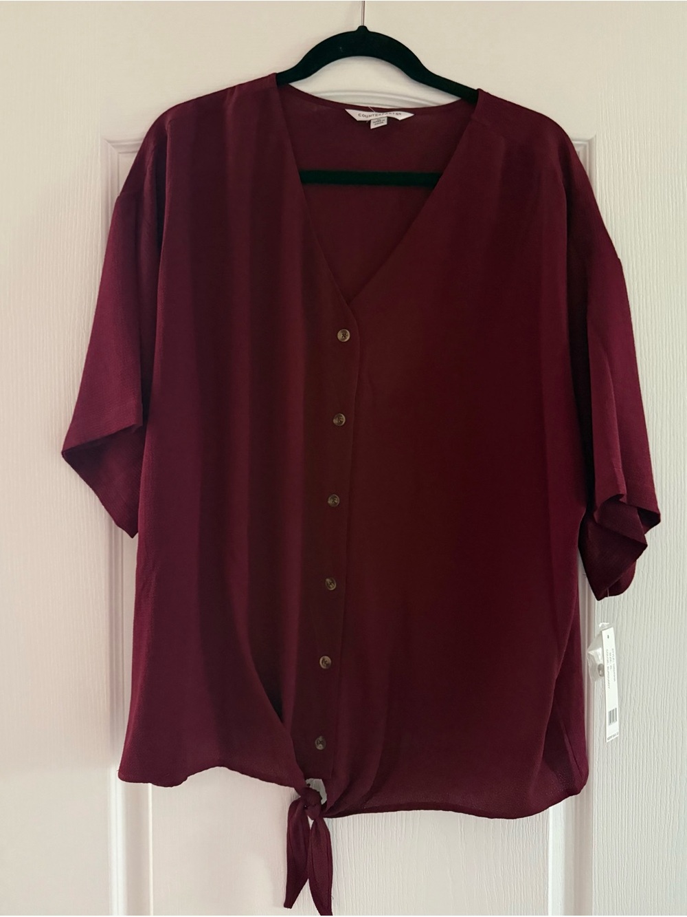 NWT Counterparts Burgundy Button-Front Tie-Hem Blouse